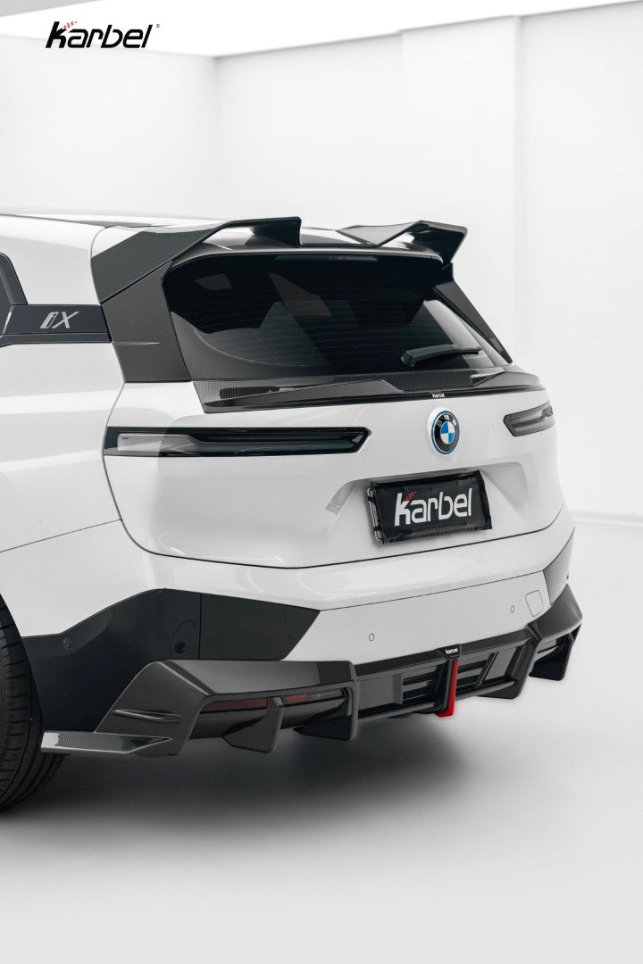 BMW IX xDrive60/50/45 M70/M60 I20 2022-ON with Aftermarket Parts - Rear Roof Spoiler Dry Pre-preg Carbon Fiber from Karbel Carbon