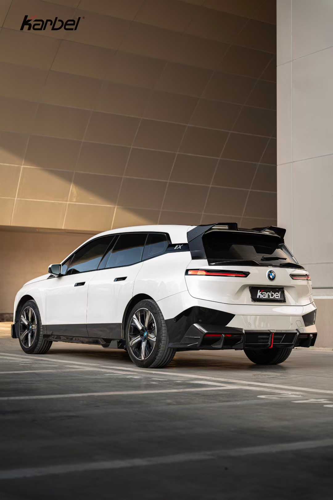 BMW IX xDrive60/50/45 M70/M60 I20 2022-ON with Aftermarket Parts - Rear Roof Spoiler Dry Pre-preg Carbon Fiber from Karbel Carbon