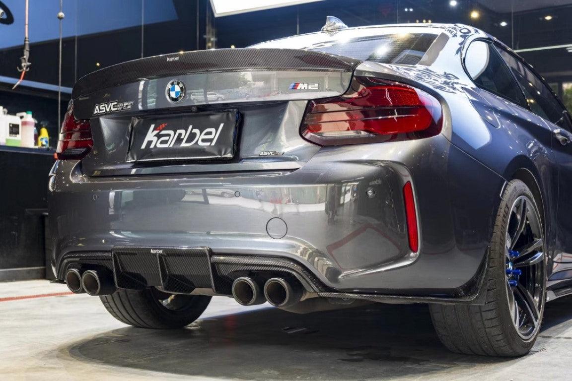 BMW M2 / M2C F87 2016-2021 with Aftermarket Parts - Pre-preg Carbon Fiber Rear Diffuser & Canards from Karbel Carbon