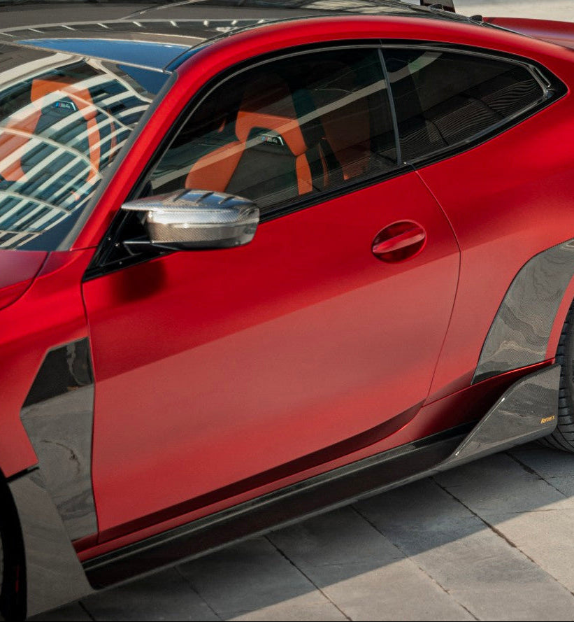 BMW M4 G82 G83 2021-ON with Aftermarket Parts - X Side Skirts Dry Pre-preg Carbon Fiber from Karbel Carbon