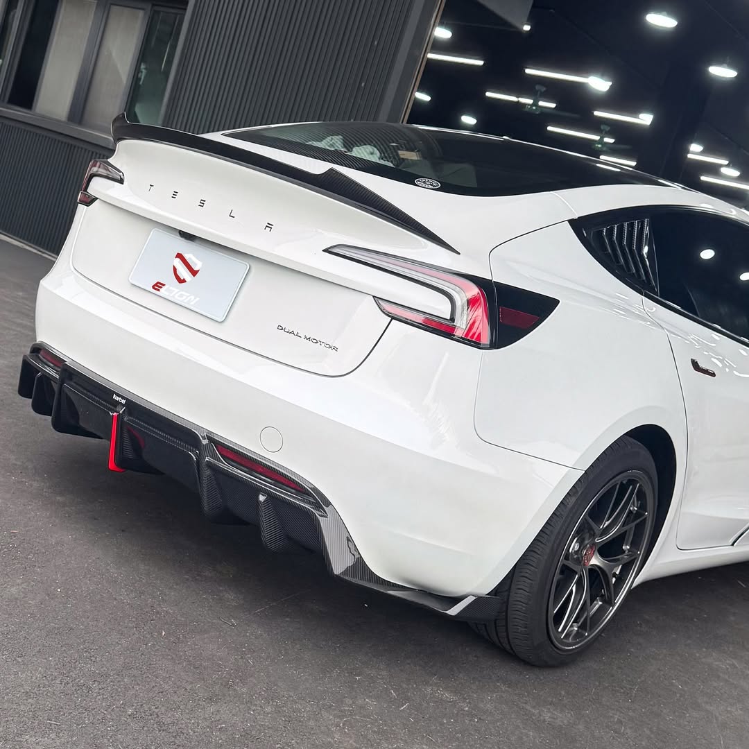 Tesla Model 3 Highland / Performance 2024-ON with Aftermarket Parts - With Light Style Rear Diffuser & Canards Dry Pre-preg Carbon Fiber/FRP from Karbel Carbon