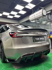 Tesla Model 3 Highland / Performance 2024-ON with Aftermarket Parts - With Light Style Rear Diffuser & Canards Pre-preg Carbon Fiber from Karbel Carbon