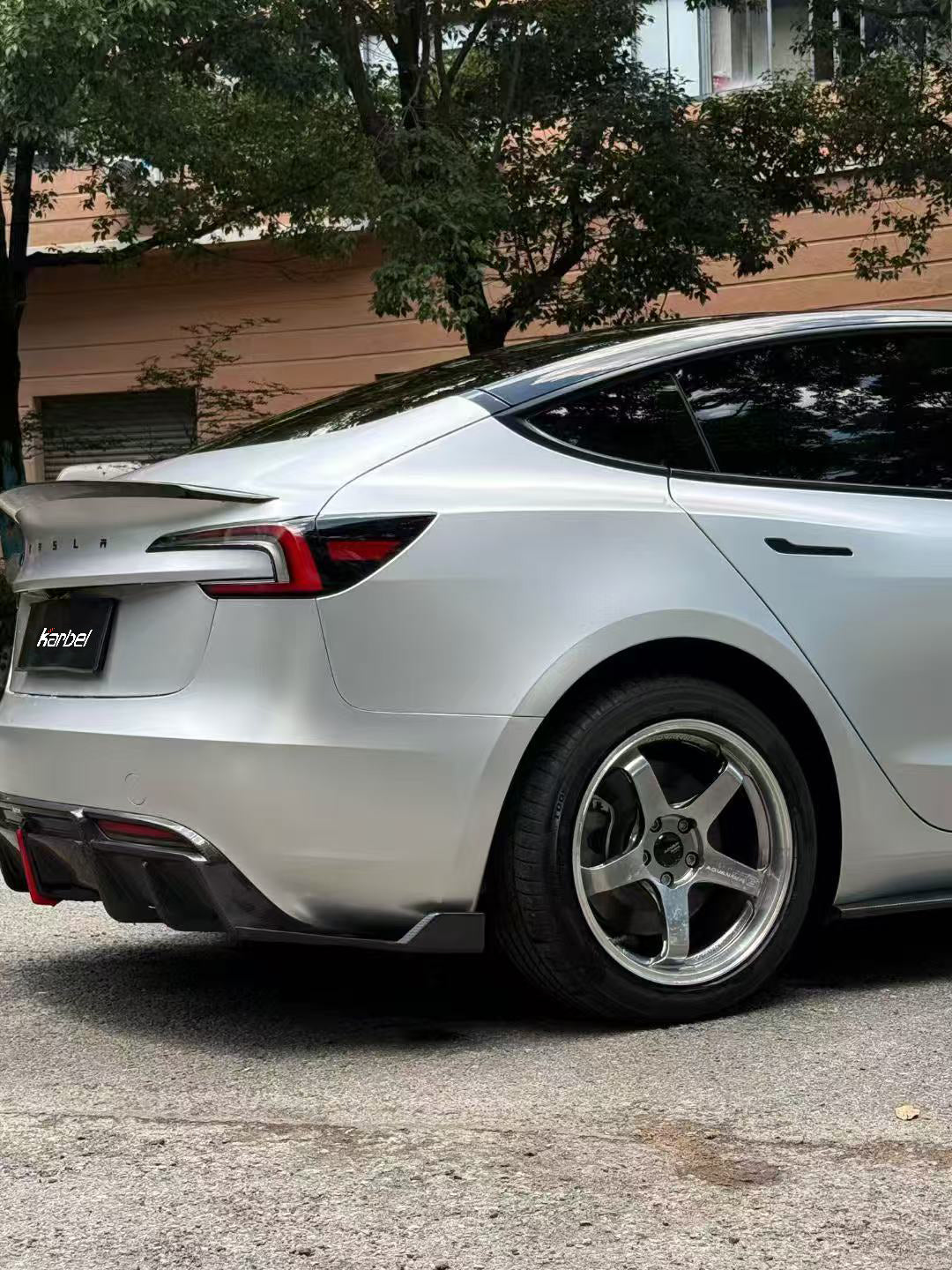 Tesla Model 3 Highland / Performance 2024-ON with Aftermarket Parts - With Light Style Rear Diffuser & Canards Dry Pre-preg Carbon Fiber/FRP from Karbel Carbon