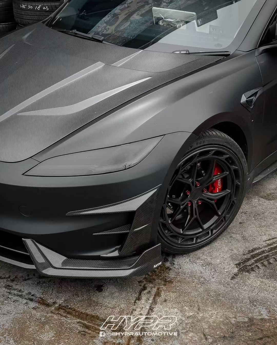 Tesla Model 3 Highland Performance 2024-ON with Aftermarket Parts - Front Canards & Upper Valences Pre-preg Carbon Fiber/FRP from Karbel Carbon