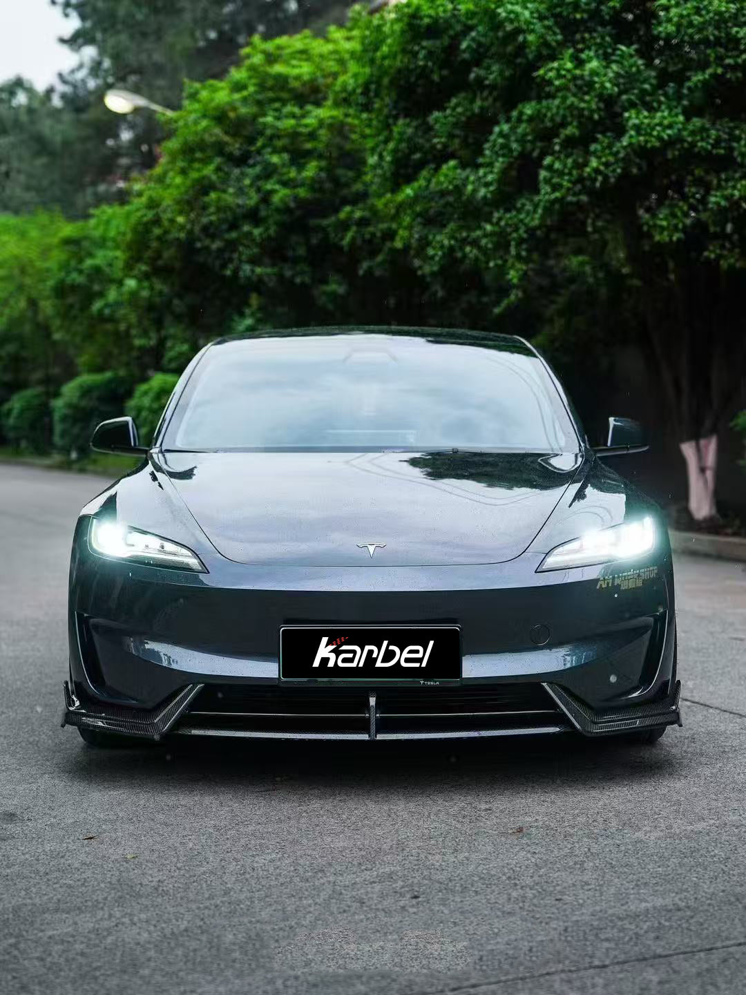 Tesla Model 3 Highland Performance 2024-ON with Aftermarket Parts - Front Lip Pre-preg Carbon Fiber/FRP from Karbel Carbon