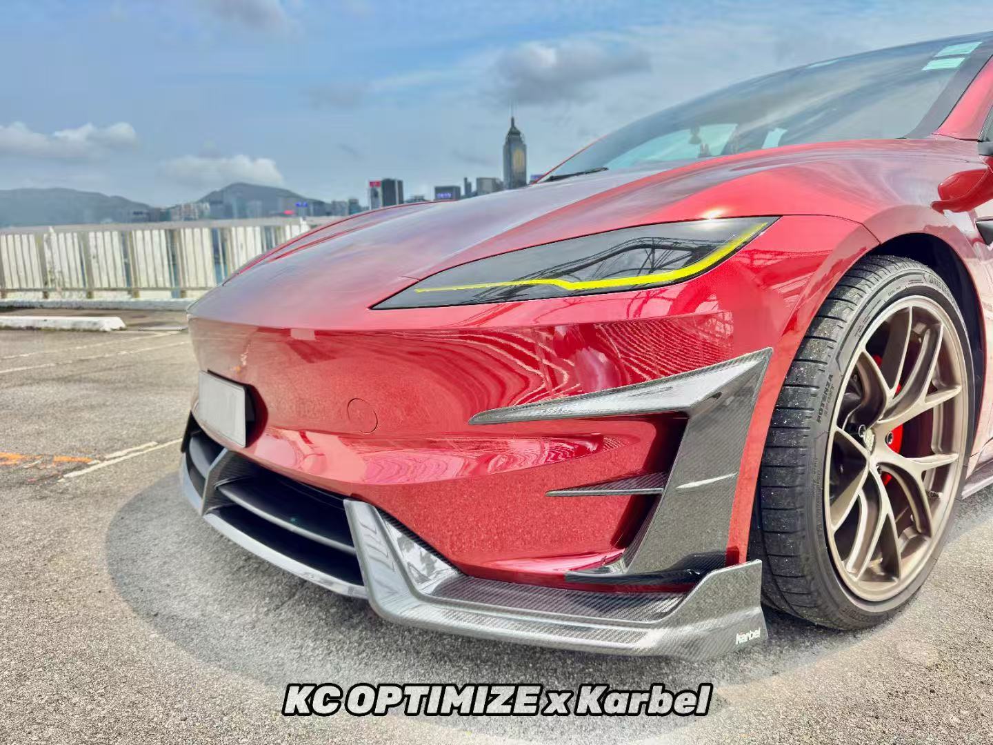 Tesla Model 3 Highland Performance 2024-ON with Aftermarket Parts - Front Canards & Upper Valences Pre-preg Carbon Fiber/FRP from Karbel Carbon