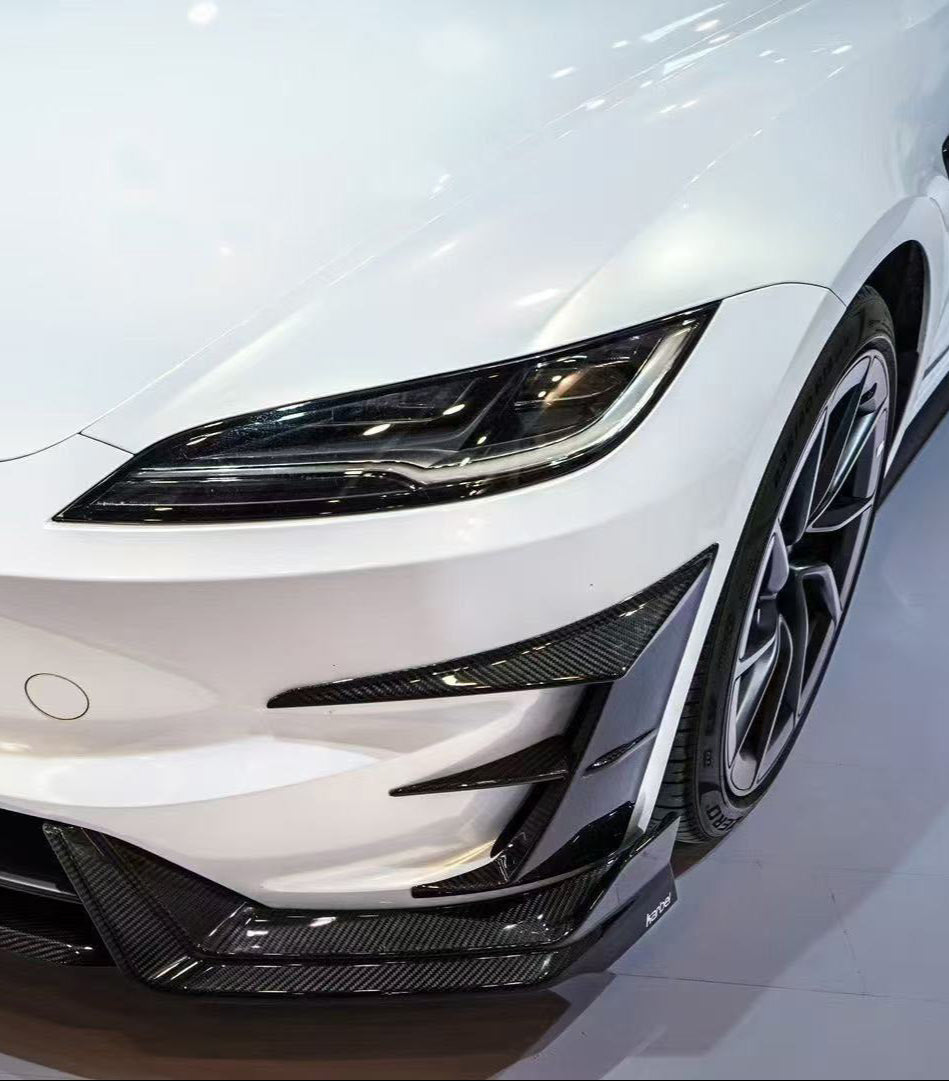 Tesla Model 3 Highland Performance 2024-ON with Aftermarket Parts - Front Canards & Upper Valences Pre-preg Carbon Fiber/FRP from Karbel Carbon