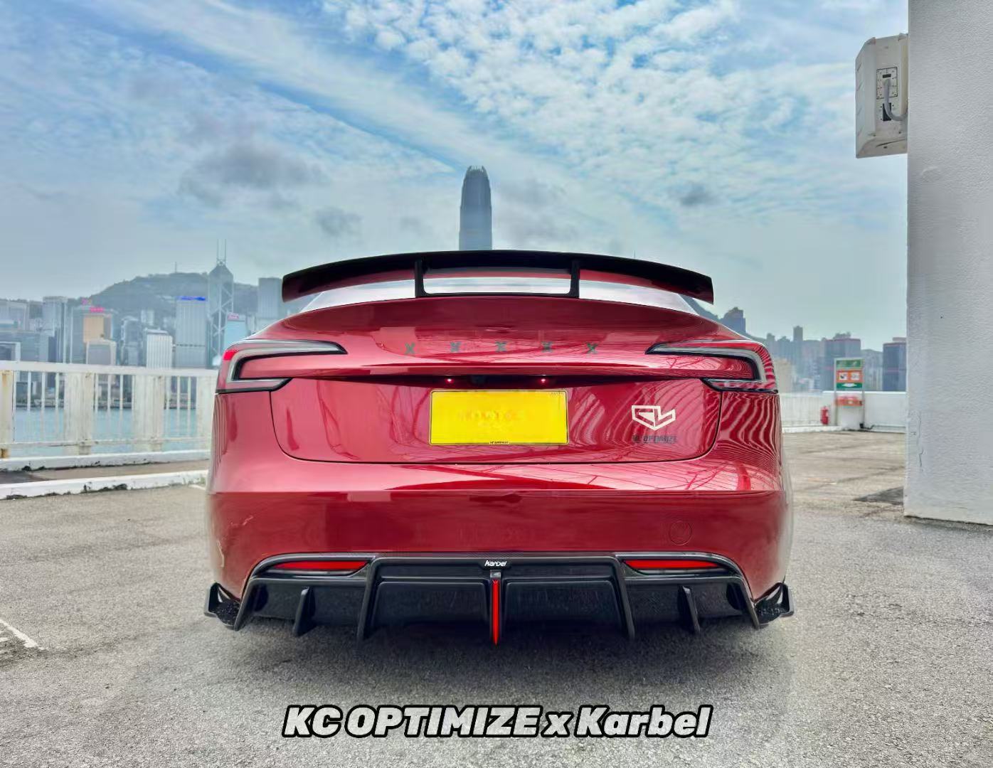 Tesla Model 3 Highland / Performance 2024-ON with Aftermarket Parts - With Light Style Rear Diffuser & Canards Pre-preg Carbon Fiber from Karbel Carbon