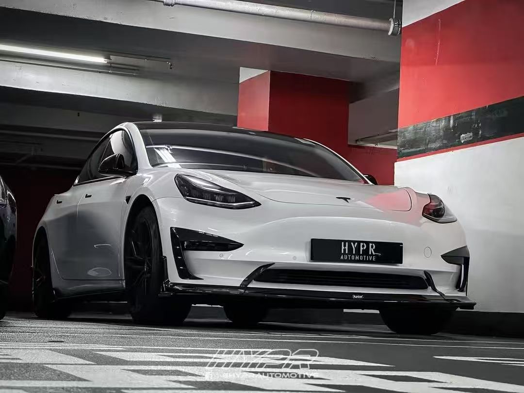 Tesla Model 3/P 2017 2018 2019 2020 2021 2022 2023 with Aftermarket Parts - Front Lip Pre-preg Carbon Fiber from Karbel Carbon