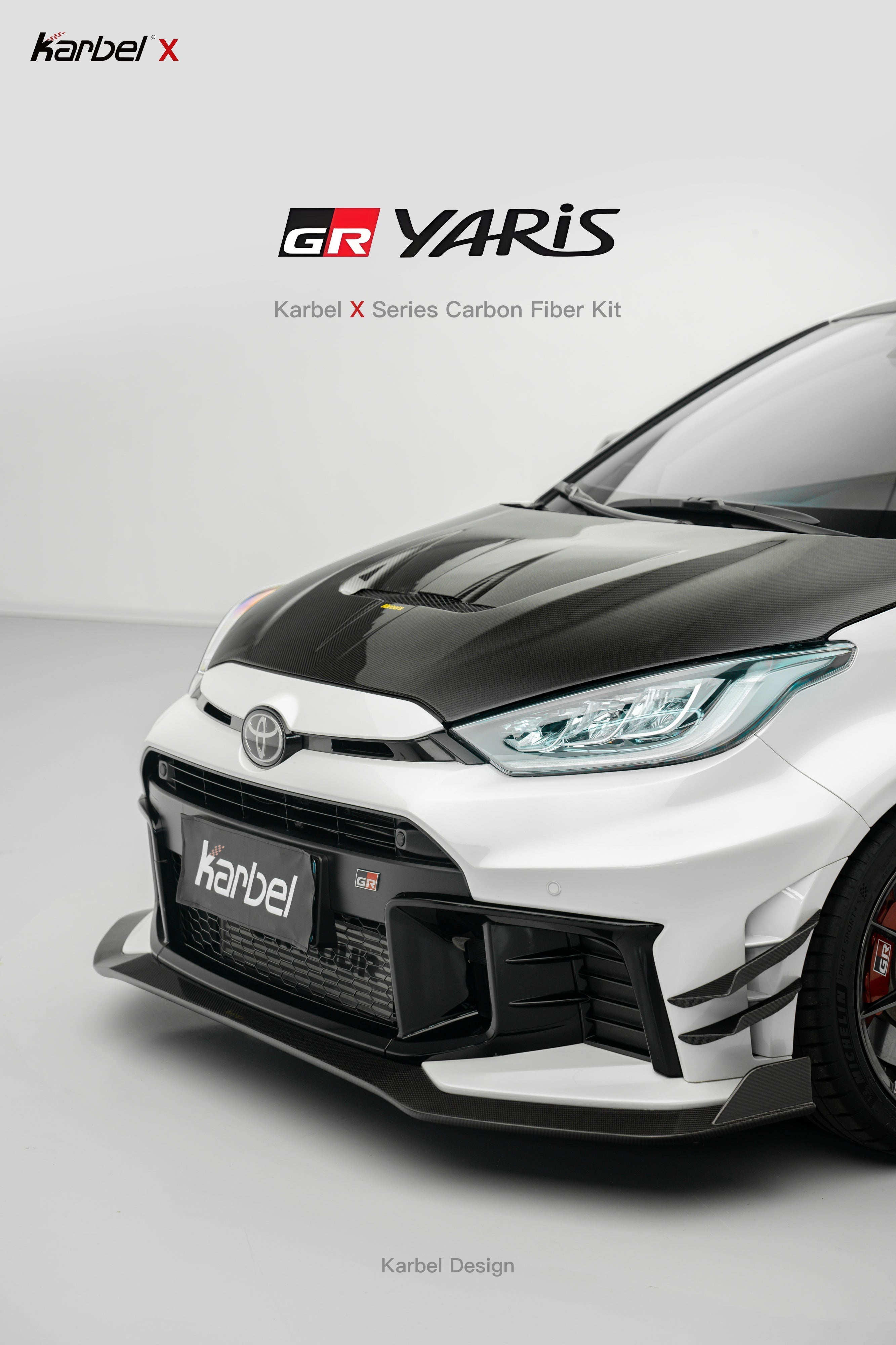 Toyota GR Yaris GXPA16 Facelift 2024-ON with Aftermarket Parts - X Front Lip Dry Pre-preg Carbon Fiber from Karbel Carbon