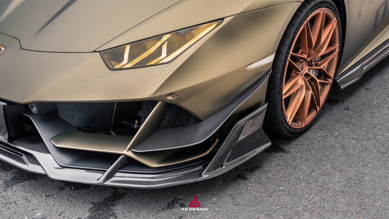 Lamborghini Huracan EVO AWD 2020 2021 2022 2023 with Aftermarket Parts - Front Canards Dry Pre-preg Carbon Fiber from ArmorExtend