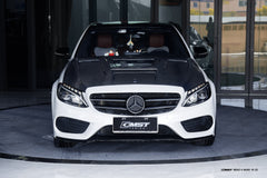 Mercedes Benz C-Class C43 C400 C300 W205 2015-2021 & C-Class C43 C300 W205 2016-2022 with CMST Tuning's Aftermarket Parts - Carbon Fiber and FRP Hood Bonnet V4 Style