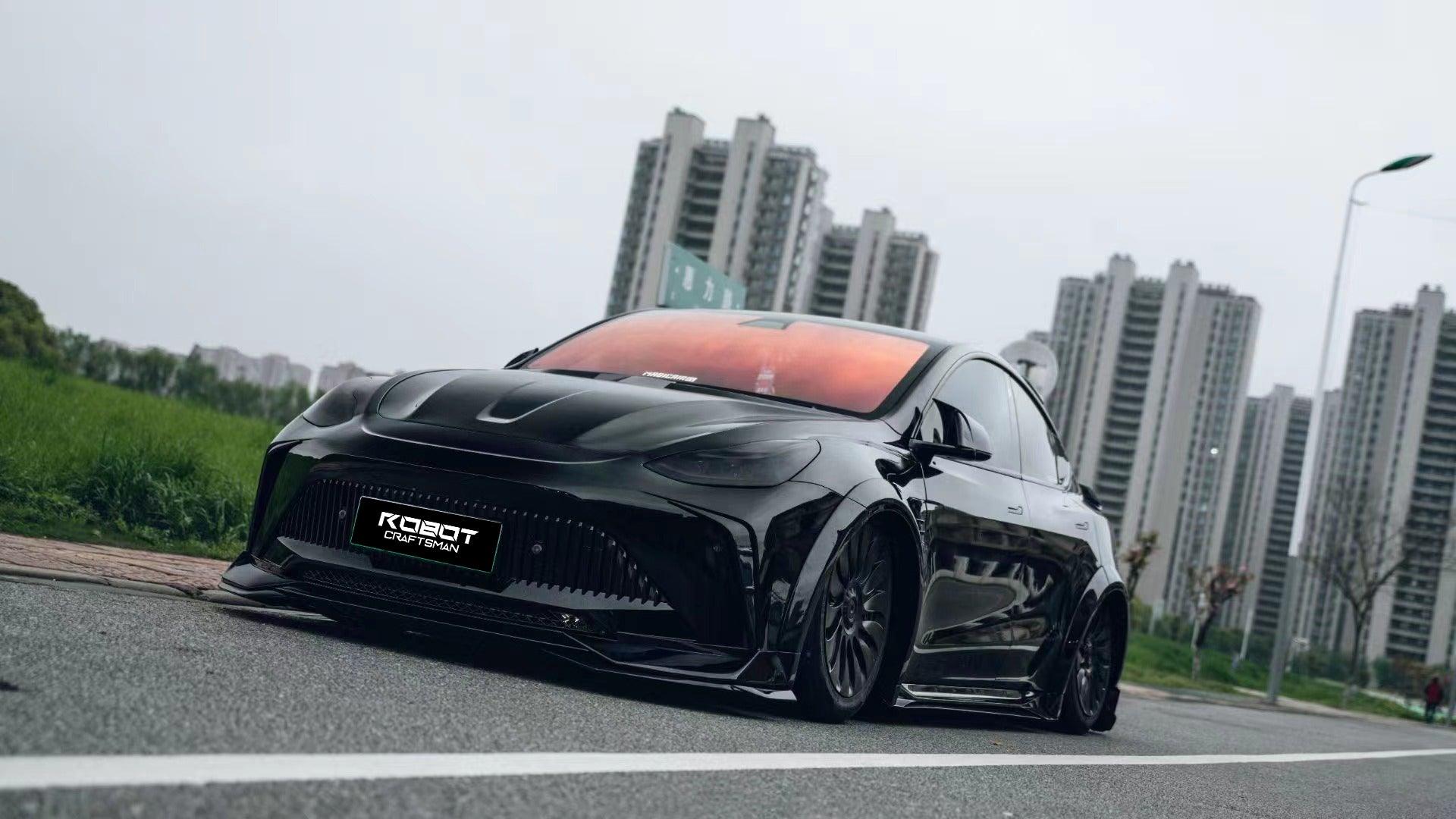 Tesla Model Y Performance AWD Long Range RWD Standard 2020 2021 2023 2024 with Aftermarket Parts - "STARSHIP" Stage 1 Corner Lip (2 pcs) & Stage 2 Corner Lip (4 pcs) & Front Bumper Carbon Fiber from Robot Craftsman