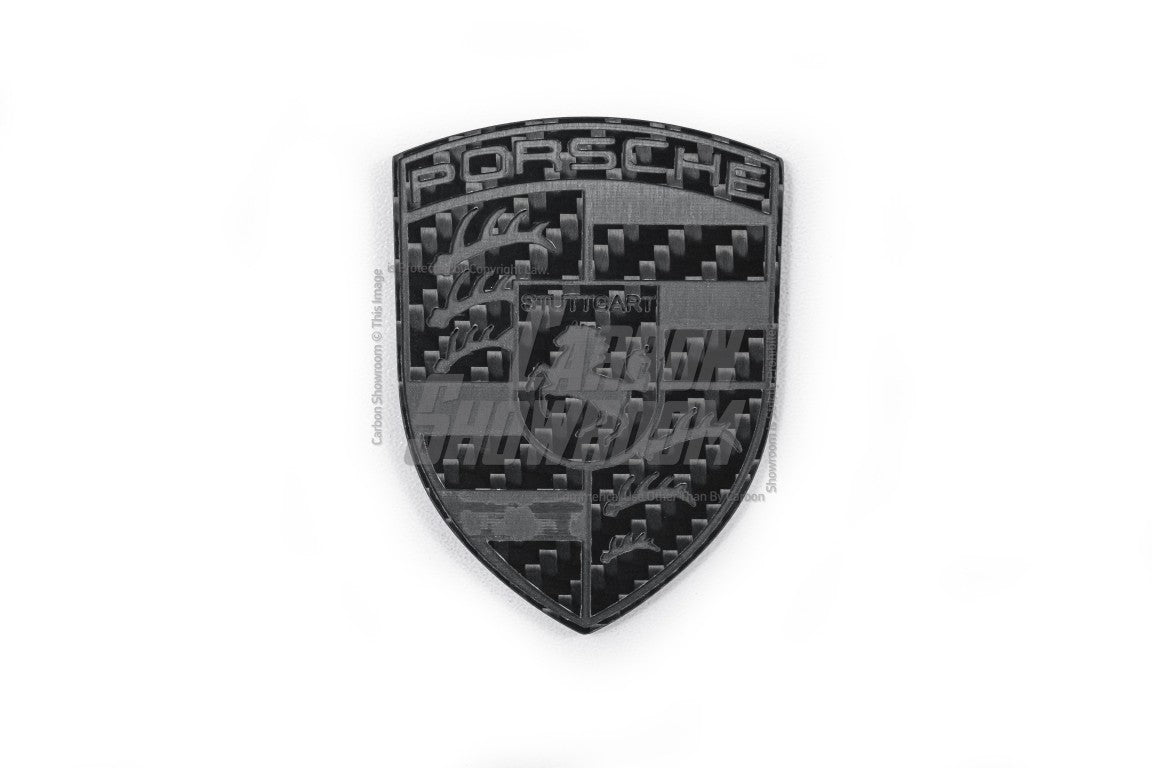 Porsche Style Crest Emblem Badge - Blacked Out Carbon Fiber