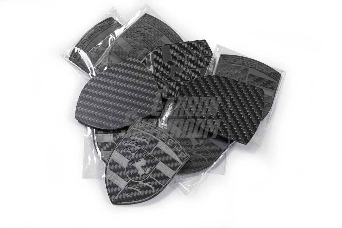 Porsche Style Crest Emblem Badge - Blacked Out Carbon Fiber