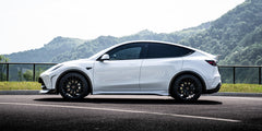 Tesla Model Y Performance AWD Long Range RWD Standard 2020 2021 2023 2024 with Aftermarket Parts - "STARSHIP" Stage 1 Corner Lip (2 pcs) & Stage 2 Corner Lip (4 pcs) & Front Bumper Carbon Fiber from Robot Craftsman