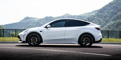 Tesla Model Y Performance AWD Long Range RWD Standard 2020 2021 2023 2024 with Aftermarket Parts - "STARSHIP" Stage 1 Corner Lip (2 pcs) & Stage 2 Corner Lip (4 pcs) & Front Bumper Carbon Fiber from Robot Craftsman
