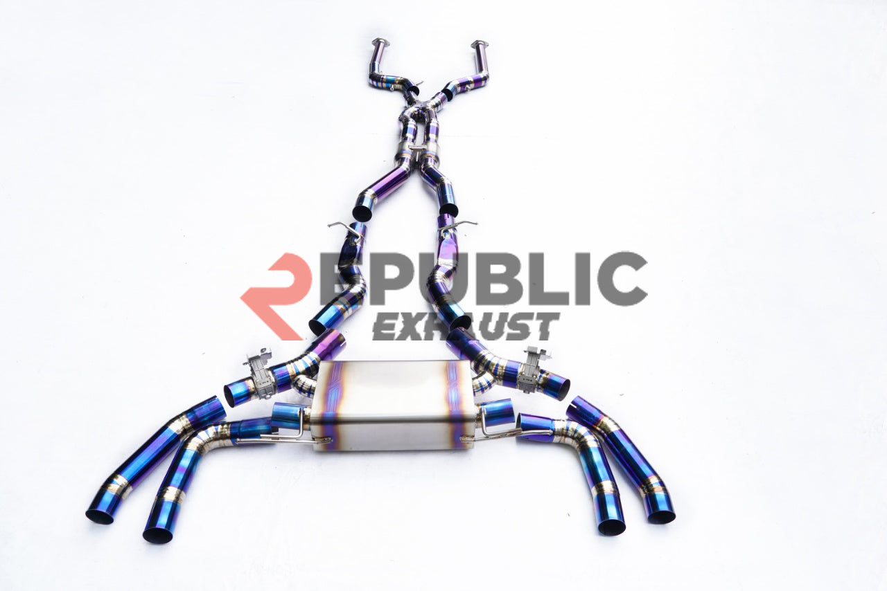 BMW X3M X3MC F97 & X4M X4MC F98 LCI 2022-ON with Aftermarket Parts - Catback Exhaust Quad Exit Tips Titanium / Stainless Steel from Republic Exhaust