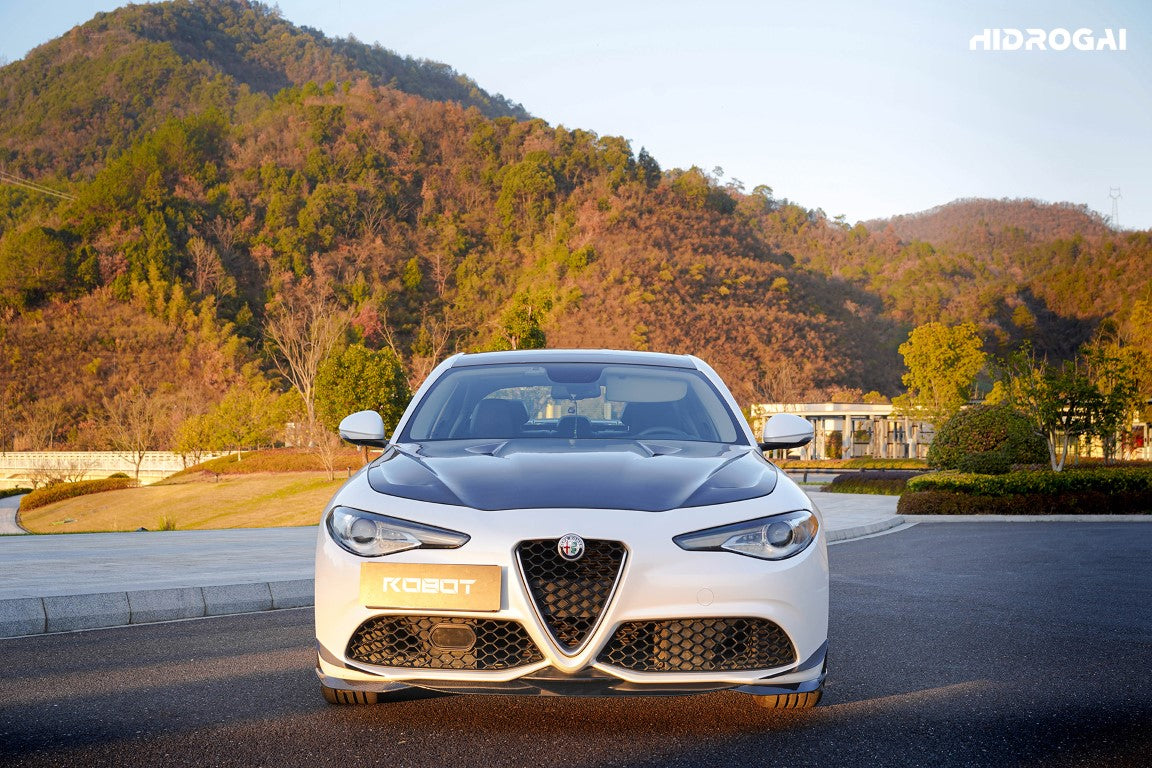 Alfa Romeo Giulia Sport Veloce Ti Sprint RWD AWD 2017 2018 2019 2020 2021 2022 2023 2024 (not suitable for Base and Lusso front bumpers) with Aftermarket Parts - "HIDROGAI" Front Lip Splitter Carbon Fiber / FRP from Robot Craftsman