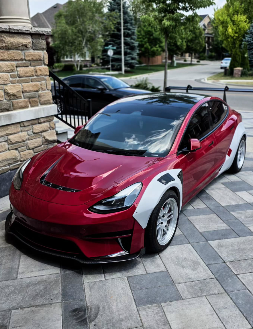 Tesla Model 3 Performance Long Range Standard Base 2017 2018 2019 2020 2021 2022 2023 with Aftermarket Parts - Crypton Front Bumper & Lip Carbon Fiber / FRP from Robot Craftsman
