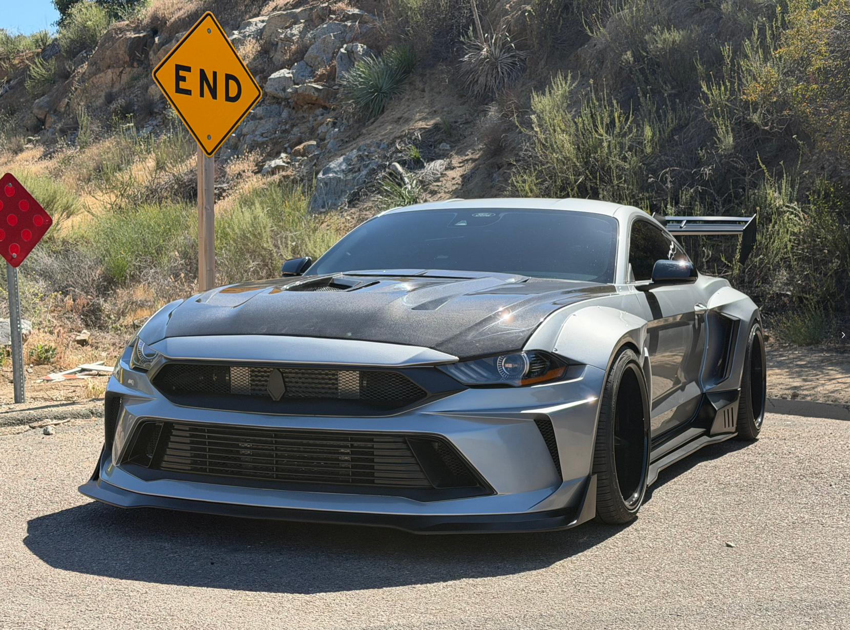Ford Mustang Ecoboost V6 GT 2015 2016 2017 & Mustang Ecoboost V6 GT S550.1 2015 2016 2017 & Mustang Ecoboost V6 GT March1 Bullitt S550.2 2018 2019 2020 2021 2022 2023 with Aftermarket Parts - DUSK Front Bumper & Lip (Badge included) & Replacement Front Lip Only Carbon Fiber / FRP from Robot Craftsman