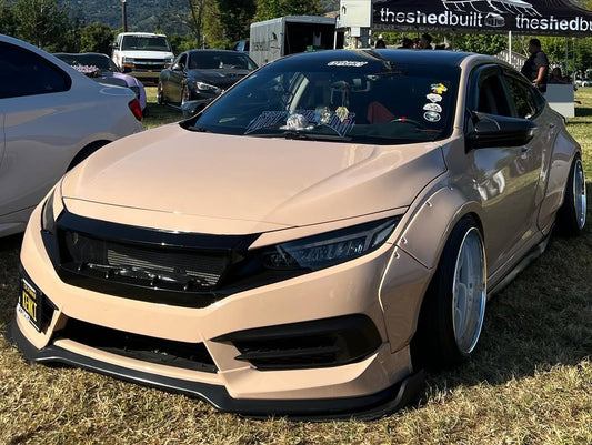 Honda Civic 10th Gen FC1 FC2 FC5 FC6 2016 2017 2018 2019 2020 2021 & Civic 10th Gen FK7 2017 2018 2019 2020 2021 (compatible with both OEM bumper and ROBOT CRAFTSMAN bumper, fits FK7 Hatchback although panel line is slightly different) with Aftermarket Parts - Widebody Wheel Arches Fender Flares Carbon Fiber / FRP from Robot Craftsman