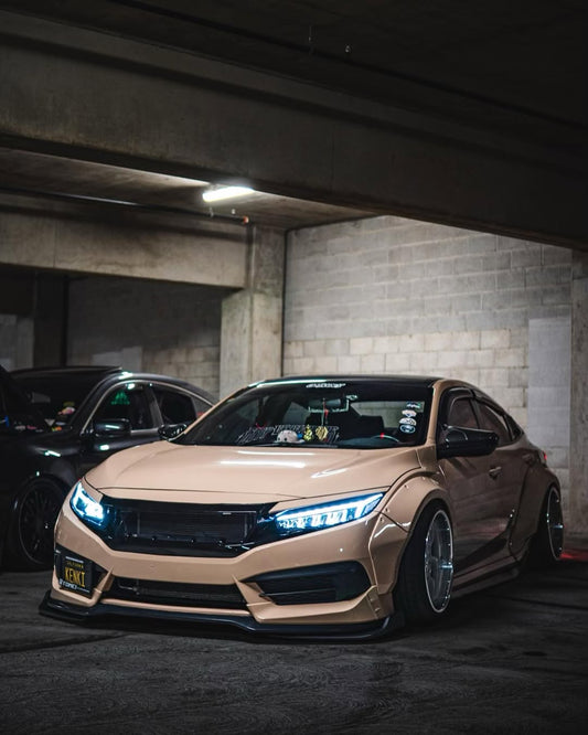 Honda Civic 10th Gen FC1 FC2 FC5 FC6 2016 2017 2018 2019 2020 2021 & Civic 10th Gen FK7 2017 2018 2019 2020 2021 (compatible with both OEM bumper and ROBOT CRAFTSMAN bumper, fits FK7 Hatchback although panel line is slightly different) with Aftermarket Parts - Widebody Wheel Arches Fender Flares Carbon Fiber / FRP from Robot Craftsman