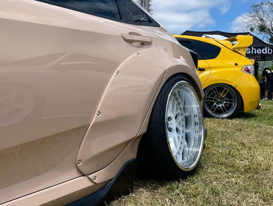 Honda Civic 10th Gen FC1 FC2 FC5 FC6 2016 2017 2018 2019 2020 2021 & Civic 10th Gen FK7 2017 2018 2019 2020 2021 (compatible with both OEM bumper and ROBOT CRAFTSMAN bumper, fits FK7 Hatchback although panel line is slightly different) with Aftermarket Parts - Widebody Wheel Arches Fender Flares Carbon Fiber / FRP from Robot Craftsman