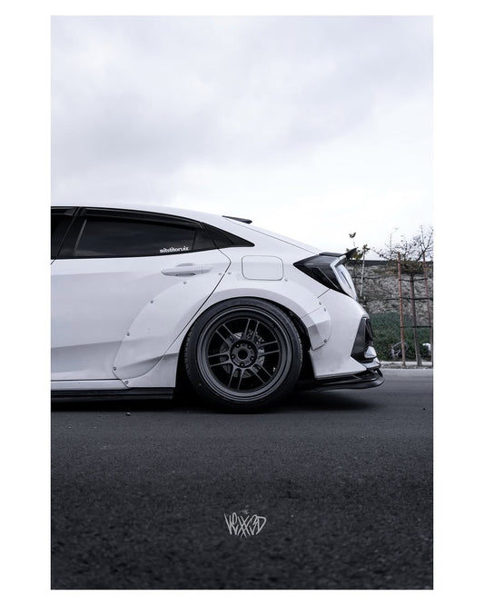 Honda Civic 10th Gen FC1 FC2 FC5 FC6 2016 2017 2018 2019 2020 2021 & Civic 10th Gen FK7 2017 2018 2019 2020 2021 (compatible with both OEM bumper and ROBOT CRAFTSMAN bumper, fits FK7 Hatchback although panel line is slightly different) with Aftermarket Parts - Widebody Wheel Arches Fender Flares Carbon Fiber / FRP from Robot Craftsman