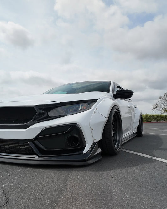 Honda Civic 10th Gen FC1 FC2 FC5 FC6 2016 2017 2018 2019 2020 2021 & Civic 10th Gen FK7 2017 2018 2019 2020 2021 (compatible with both OEM bumper and ROBOT CRAFTSMAN bumper, fits FK7 Hatchback although panel line is slightly different) with Aftermarket Parts - Widebody Wheel Arches Fender Flares Carbon Fiber / FRP from Robot Craftsman