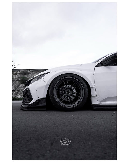 Honda Civic 10th Gen FC1 FC2 FC5 FC6 2016 2017 2018 2019 2020 2021 & Civic 10th Gen FK7 2017 2018 2019 2020 2021 (compatible with both OEM bumper and ROBOT CRAFTSMAN bumper, fits FK7 Hatchback although panel line is slightly different) with Aftermarket Parts - Widebody Wheel Arches Fender Flares Carbon Fiber / FRP from Robot Craftsman