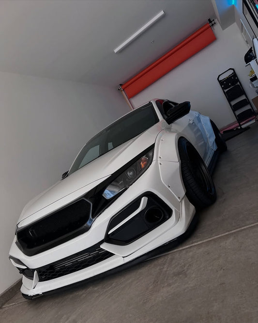 Honda Civic 10th Gen FC1 FC2 FC5 FC6 2016 2017 2018 2019 2020 2021 & Civic 10th Gen FK7 2017 2018 2019 2020 2021 (compatible with both OEM bumper and ROBOT CRAFTSMAN bumper, fits FK7 Hatchback although panel line is slightly different) with Aftermarket Parts - Widebody Wheel Arches Fender Flares Carbon Fiber / FRP from Robot Craftsman