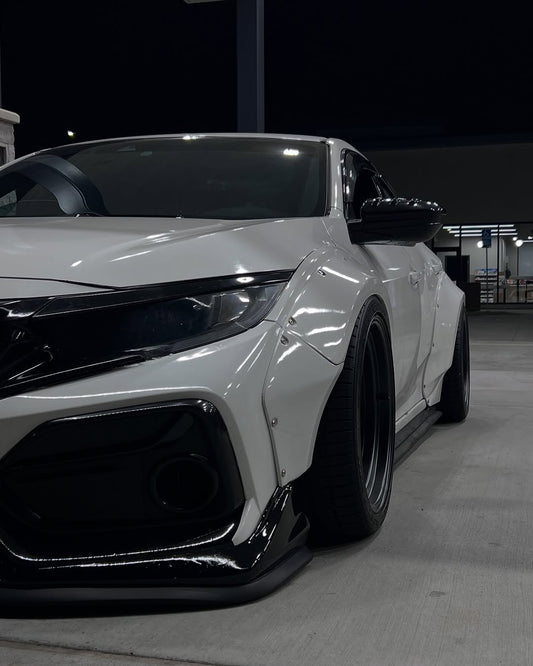 Honda Civic 10th Gen FC1 FC2 FC5 FC6 2016 2017 2018 2019 2020 2021 & Civic 10th Gen FK7 2017 2018 2019 2020 2021 (compatible with both OEM bumper and ROBOT CRAFTSMAN bumper, fits FK7 Hatchback although panel line is slightly different) with Aftermarket Parts - Widebody Wheel Arches Fender Flares Carbon Fiber / FRP from Robot Craftsman