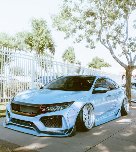 Honda Civic 10th Gen FC1 FC2 FC5 FC6 2016 2017 2018 2019 2020 2021 & Civic 10th Gen FK7 2017 2018 2019 2020 2021 (compatible with both OEM bumper and ROBOT CRAFTSMAN bumper, fits FK7 Hatchback although panel line is slightly different) with Aftermarket Parts - Widebody Wheel Arches Fender Flares Carbon Fiber / FRP from Robot Craftsman