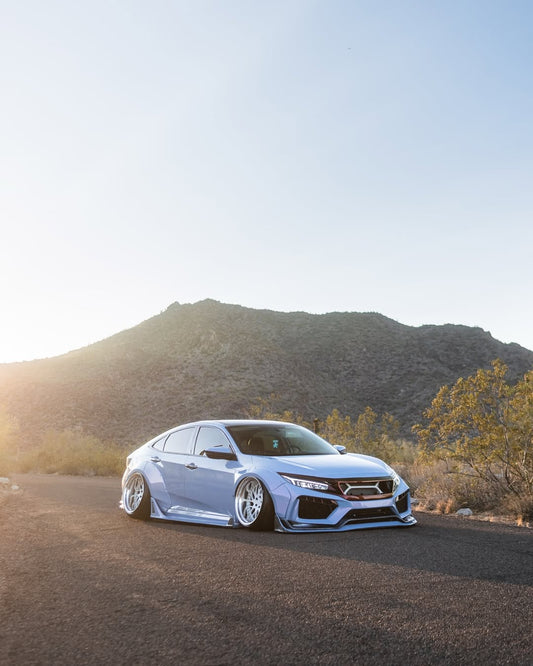 Honda Civic 10th Gen FC1 FC2 FC5 FC6 2016 2017 2018 2019 2020 2021 & Civic 10th Gen FK7 2017 2018 2019 2020 2021 (compatible with both OEM bumper and ROBOT CRAFTSMAN bumper, fits FK7 Hatchback although panel line is slightly different) with Aftermarket Parts - Widebody Wheel Arches Fender Flares Carbon Fiber / FRP from Robot Craftsman