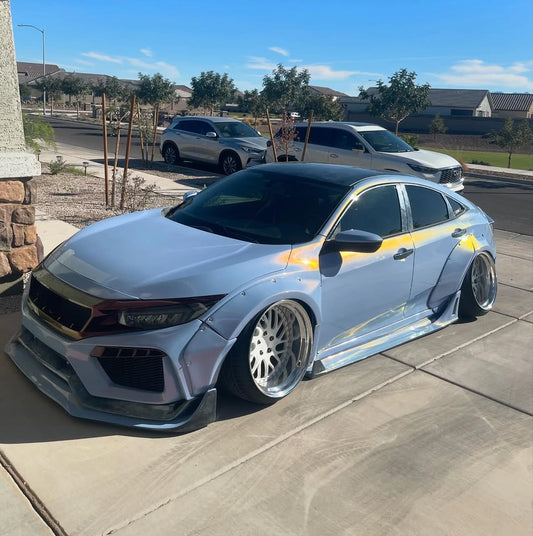 Honda Civic 10th Gen FC1 FC2 FC5 FC6 2016 2017 2018 2019 2020 2021 & Civic 10th Gen FK7 2017 2018 2019 2020 2021 (compatible with both OEM bumper and ROBOT CRAFTSMAN bumper, fits FK7 Hatchback although panel line is slightly different) with Aftermarket Parts - Widebody Wheel Arches Fender Flares Carbon Fiber / FRP from Robot Craftsman