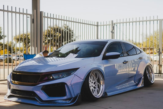 Honda Civic 10th Gen FC1 FC2 FC5 FC6 2016 2017 2018 2019 2020 2021 & Civic 10th Gen FK7 2017 2018 2019 2020 2021 (compatible with both OEM bumper and ROBOT CRAFTSMAN bumper, fits FK7 Hatchback although panel line is slightly different) with Aftermarket Parts - Widebody Wheel Arches Fender Flares Carbon Fiber / FRP from Robot Craftsman