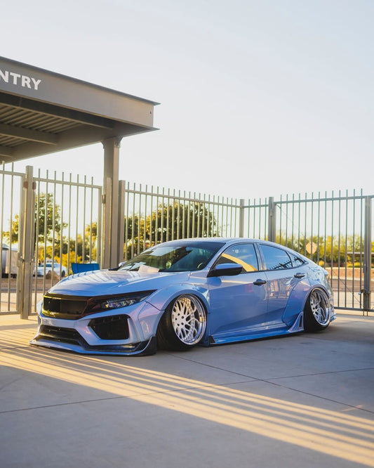 Honda Civic 10th Gen FC1 FC2 FC5 FC6 2016 2017 2018 2019 2020 2021 & Civic 10th Gen FK7 2017 2018 2019 2020 2021 (compatible with both OEM bumper and ROBOT CRAFTSMAN bumper, fits FK7 Hatchback although panel line is slightly different) with Aftermarket Parts - Widebody Wheel Arches Fender Flares Carbon Fiber / FRP from Robot Craftsman