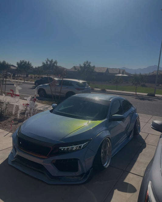 Honda Civic 10th Gen FC1 FC2 FC5 FC6 2016 2017 2018 2019 2020 2021 & Civic 10th Gen FK7 2017 2018 2019 2020 2021 (compatible with both OEM bumper and ROBOT CRAFTSMAN bumper, fits FK7 Hatchback although panel line is slightly different) with Aftermarket Parts - Widebody Wheel Arches Fender Flares Carbon Fiber / FRP from Robot Craftsman