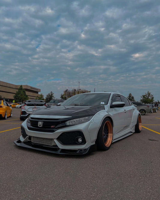 Honda Civic 10th Gen FC1 FC2 FC5 FC6 2016 2017 2018 2019 2020 2021 & Civic 10th Gen FK7 2017 2018 2019 2020 2021 (compatible with both OEM bumper and ROBOT CRAFTSMAN bumper, fits FK7 Hatchback although panel line is slightly different) with Aftermarket Parts - Widebody Wheel Arches Fender Flares Carbon Fiber / FRP from Robot Craftsman