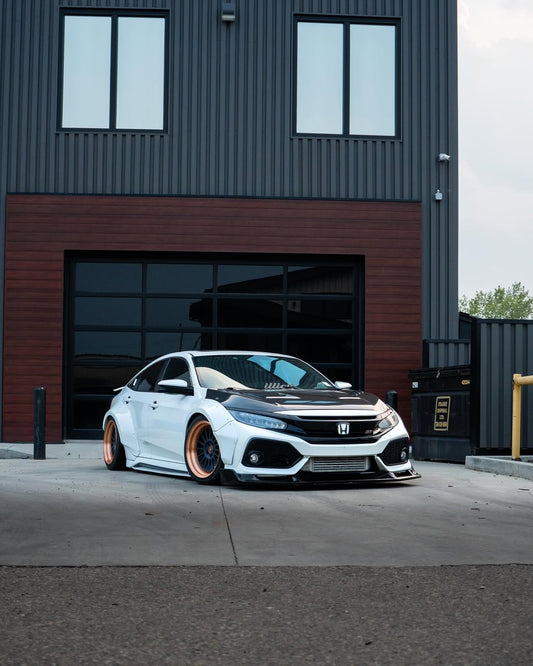 Honda Civic 10th Gen FC1 FC2 FC5 FC6 2016 2017 2018 2019 2020 2021 & Civic 10th Gen FK7 2017 2018 2019 2020 2021 (compatible with both OEM bumper and ROBOT CRAFTSMAN bumper, fits FK7 Hatchback although panel line is slightly different) with Aftermarket Parts - Widebody Wheel Arches Fender Flares Carbon Fiber / FRP from Robot Craftsman