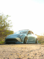 Tesla Model Y Performance AWD Long Range RWD Standard 2020 2021 2023 2024 with Aftermarket Parts - "STARSHIP" Stage 1 Corner Lip (2 pcs) & Stage 2 Corner Lip (4 pcs) & Front Bumper Carbon Fiber from Robot Craftsman