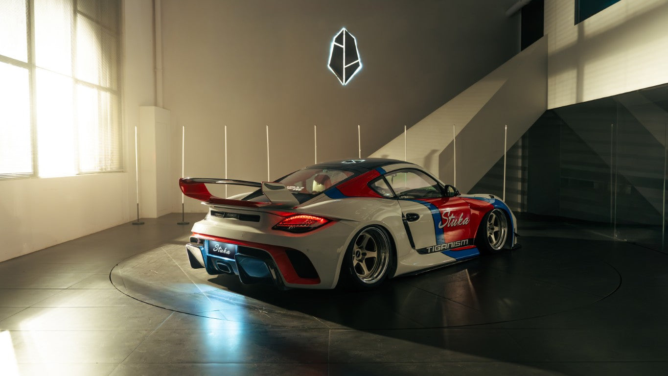 Porsche 987.1 Cayman Base / S 2005 2006 2007 2008 (Requires 987.2 taillights) & 987.2 Cayman Base / S / R 2009 2010 2011 2012 with Aftermarket Parts - TITANISM STUKA Rear Diffuser Carbon Fiber / FRP from Robot Craftsman
