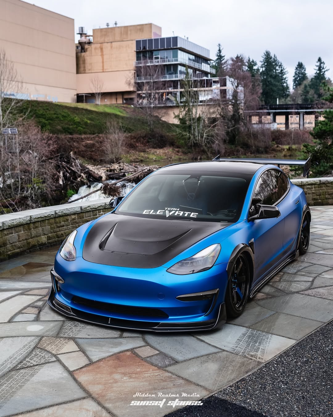 Tesla Model 3 Performance Long Range Standard Base 2017 2018 2019 2020 2021 2022 2023 with Aftermarket Parts - "Crypton" Hood Bonnet Carbon Fiber / FRP from Robot Craftsman
