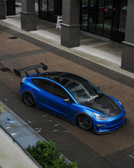 Tesla Model 3 Performance Long Range Standard Base 2017 2018 2019 2020 2021 2022 2023 with Aftermarket Parts - "Hacker" V2 GT Rear Spoiler Wing Carbon Fiber / FRP from Robot Craftsman