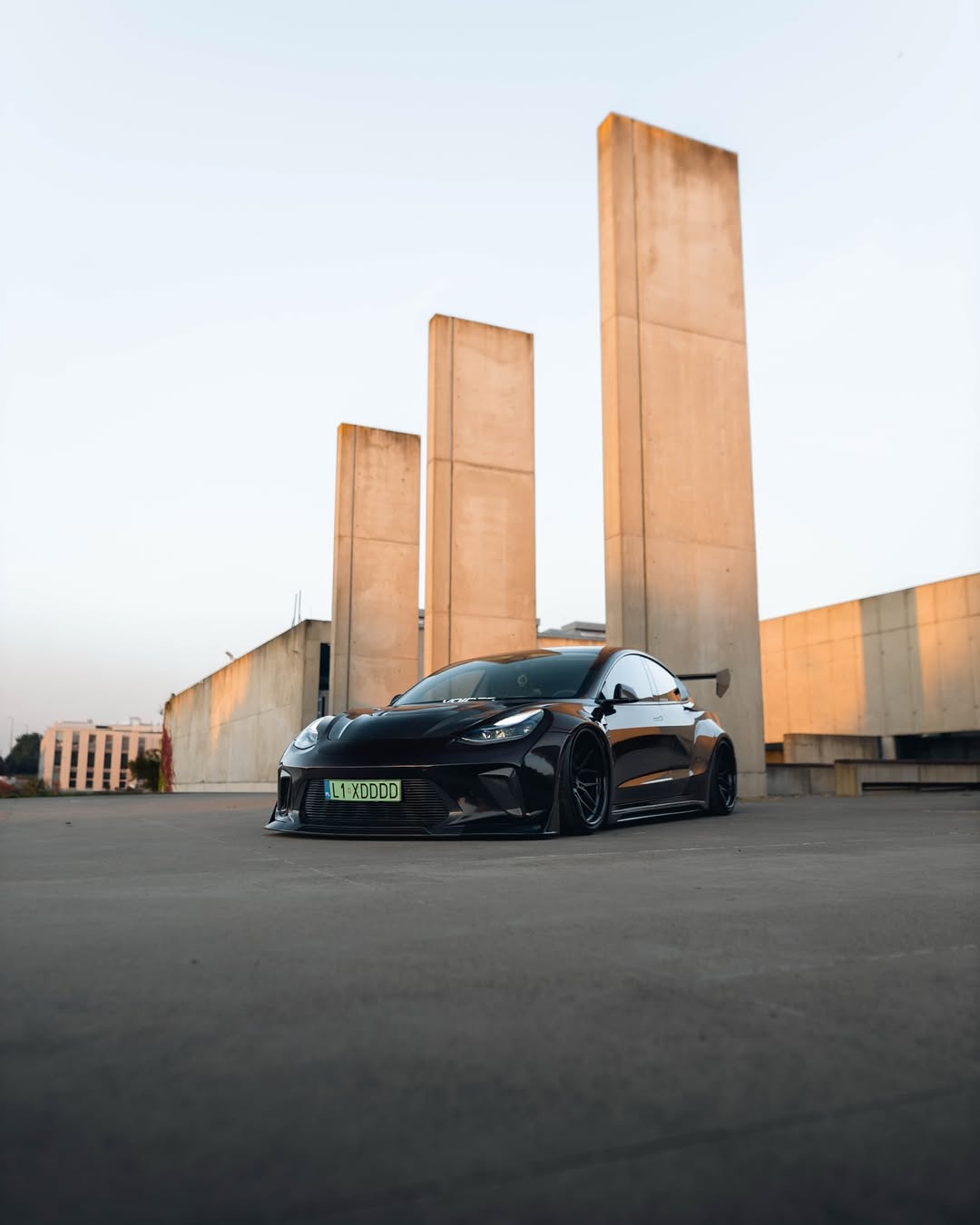 Tesla Model 3 Performance Long Range Standard Base 2017 2018 2019 2020 2021 2022 2023 with Aftermarket Parts - "HACKER" Widebody Front Bumper & Front Splitter Carbon Fiber / FRP from Robot Craftsman