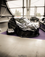 Tesla Model 3 Performance Long Range Standard Base 2017 2018 2019 2020 2021 2022 2023 with Aftermarket Parts - "HACKER" Widebody Front Bumper & Front Splitter Carbon Fiber / FRP from Robot Craftsman