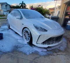 Tesla Model Y Performance AWD Long Range RWD Standard 2020 2021 2023 2024 with Aftermarket Parts - "STARSHIP" Stage 1 Corner Lip (2 pcs) & Stage 2 Corner Lip (4 pcs) & Front Bumper Carbon Fiber / FRP / PP from Robot Craftsman