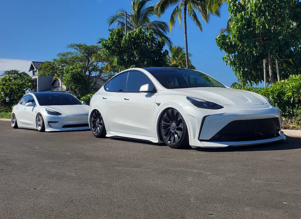 Tesla Model Y Performance AWD Long Range RWD Standard 2020 2021 2023 2024 with Aftermarket Parts - "STARSHIP" Stage 1 Corner Lip (2 pcs) & Stage 2 Corner Lip (4 pcs) & Front Bumper Carbon Fiber / FRP / PP from Robot Craftsman