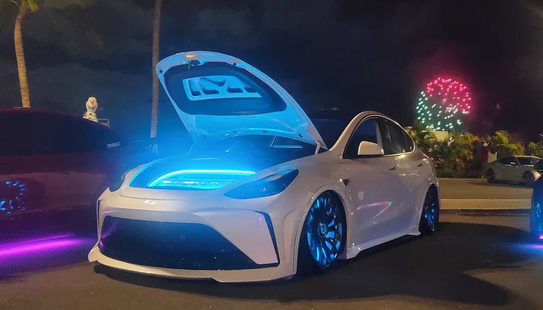 Tesla Model Y Performance AWD Long Range RWD Standard 2020 2021 2023 2024 with Aftermarket Parts - "STARSHIP" Stage 1 Corner Lip (2 pcs) & Stage 2 Corner Lip (4 pcs) & Front Bumper Carbon Fiber / FRP / PP from Robot Craftsman